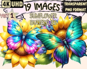Sunflower Butterflies Clipart - 19 PNG Bright Butterfly Graphics, Floral Printables,Instant Digital Download,Unlimited Commercial Use Crafts