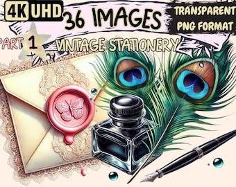 Vintage Stationery Clipart – 36 PNG Illustrations, Nostalgic Art (Digital Download)