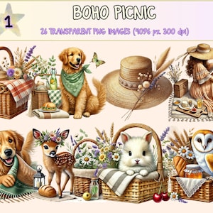 Boho Picnic Clipart - 26 PNG Bohemian Outdoor Graphics, Cozy Summer Picnic Printable Illustrations, Instant Digital Download, Commercial Use