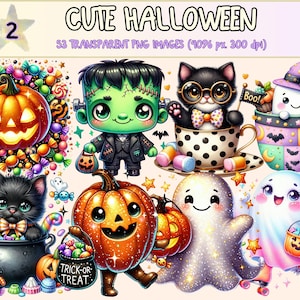 Cute Halloween (P2) Clipart - 53 PNG Adorable Spooky Illustrations, Festive Art, Instant Digital Download, Unlimited Commercial Use Crafts