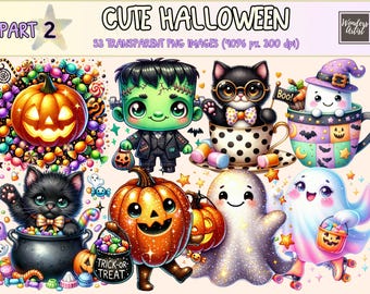 Cute Halloween (P2) Clipart - 53 PNG Adorable Spooky Illustrations, Festive Art, Instant Digital Download, Unlimited Commercial Use Crafts