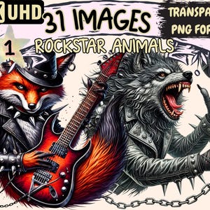 Rockstar Animals Clipart - 31 PNG Music Animal Graphics, Fun Heavy Metal Printables, Instant Digital Download, Unlimited Commercial Use