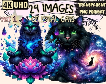 Celestial Cats Clipart – 24 Mystical Kitten PNG Graphics (Digital Download)