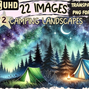 Camping Landscapes (P2) Clipart - 22 PNG Outdoor Scenery Illustrations, Nature Art, Instant Digital Download, Unlimited Commercial Use Craft
