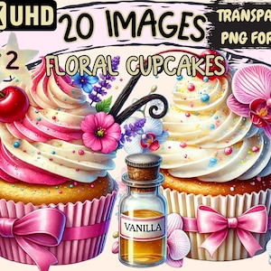 Floral Cupcakes (P2) Clipart - 20 PNG Flower Cupcake Illustrations, Dessert Art, Instant Digital Download, Unlimited Commercial Use Crafts