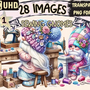 Sewing Gnomes Clipart - 28 PNG Whimsical Gnome Graphics, Sewing Printables, Instant Digital Download, Unlimited Commercial Use for Crafts