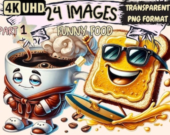 Funny Food Clipart – 24 Playful PNG Illustrations (Digital Download)