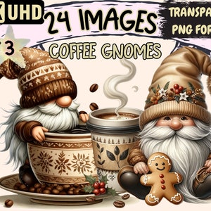 Coffee Gnomes (P3) Clipart - 24 PNG Caffeine Gnome Graphics, Cafe Latte Gnome Printables, Instant Digital Download,Unlimited Commercial Use