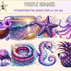 Purple Summer Clipart - 41 PNG Vibrant Seasonal Graphics, Colorful Floral & Tropical Illustrations, Instant Digital Download, Commercial Use