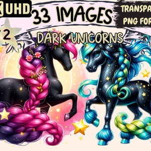 Dark Unicorns (P2) Clipart - 33 PNG Mystical Unicorn Graphics, Gothic Printables, Instant Digital Download, Unlimited Commercial Use Crafts
