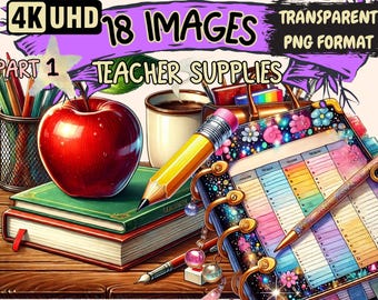 Teacher Supplies Clipart – 18 PNG Classroom Illustrations (Digital Download)