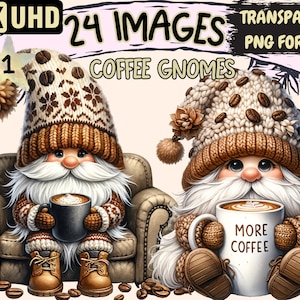 Coffee Gnomes Clipart - 24 PNG Caffeine Lover Gnome Graphics, Cafe Latte Gnome Printables, Instant Digital Download,Unlimited Commercial Use