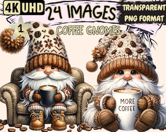 Coffee Gnomes Clipart - 24 PNG Caffeine Lover Gnome Graphics, Cafe Latte Gnome Printables, Instant Digital Download,Unlimited Commercial Use
