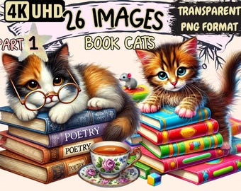 Book Cats Clipart – 26 PNG Cozy Reading Illustrations (Digital Download)