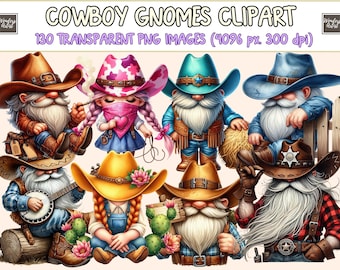 May include: A digital collection of cowboy gnomes clipart featuring 130 transparent PNG images. The graphic displays various gnomes wearing cowboy hats, denim, and plaid, with accessories like cacti, a banjo, and a lasso, labeled COWBOY GNOMES CLIPART.