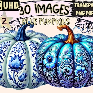 Blue Pumpkins (P2) Clipart - 30 PNG Blue Shades Autumn Pumpkin Illustrations, Fall Art, Instant Digital Download, Unlimited Commercial Use