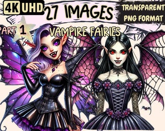May include: Two digital illustrations of vampire fairies with wings. One fairy has purple hair and wears a black leather corset and a black skirt. The other fairy has long black hair and wears a black dress with lace and a red ribbon. Both fairies have red eyes and fangs.