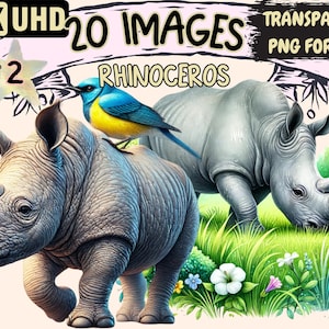 Rhinoceros (P2) Clipart - 20 PNG Cute Rhino Graphics, Wildlife Animal Printables, Instant Digital Download, Unlimited Commercial Use Crafts