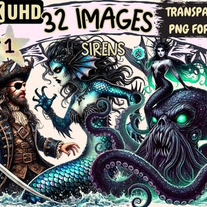 Sirens Clipart - 32 PNG Mythical Sea Creature Illustrations, Fantasy Art, Instant Digital Download, Unlimited Commercial Use for Crafts