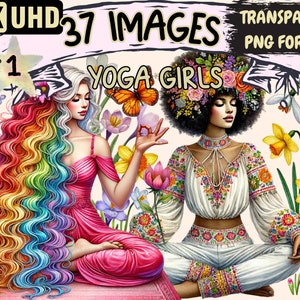 Yoga Girls Clipart - 37 PNG Relaxing Yoga Graphics, Fitness Printables, Instant Digital Download, Unlimited Commercial Use Crafts & Designs