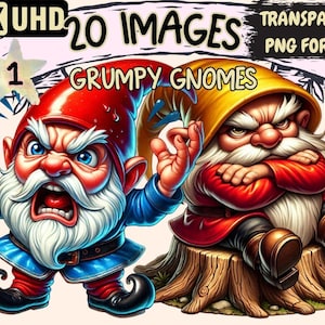 Grumpy Gnomes Clipart – 20 PNG Illustrations, Commercial Use (Digital Download)
