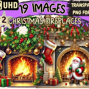 Christmas Fireplaces (P2) Clipart - 19 PNG Cozy Fireplace Illustrations, Holiday Art, Instant Digital Download, Unlimited Commercial Use