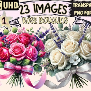 Rose Bouquets Clipart - 23 PNG Elegant Floral Illustrations, Valentine's Day Graphics, Instant Digital Download, Unlimited Commercial Use