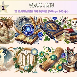 Virgo Sign Clipart - 23 PNG Zodiac Symbol Graphics, Astrology Illustrations, Celestial Printables, Instant Digital Download, Commercial Use