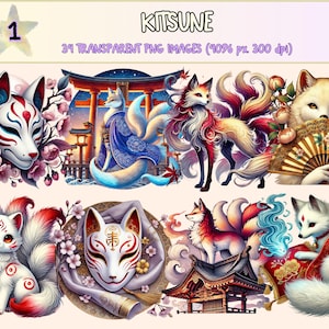 Kitsune Clipart - 34 PNG Mystical Fox Graphics, Japanese Folklore Illustrations, Fantasy Printables, Instant Digital Download,Commercial Use