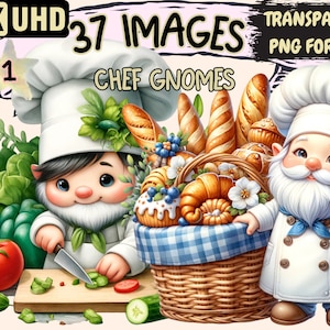 Chef Gnomes Clipart Bundle - 37 PNG Cute Gnome Graphics, Adorable Cooking Printables, Instant Digital Download, Unlimited Commercial Use
