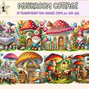 Mushroom Cottage Clipart - 32 PNG Whimsical House Graphics, Woodland Home Printable Illustrations, Instant Digital Download, Commercial Use