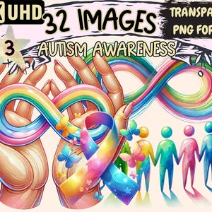 Pode incluir: Uma ilustração colorida de duas mãos formando um símbolo de infinito com uma fita arco-íris. As mãos são cercadas por borboletas e pequenas pessoas de mãos dadas. O texto "Consciência do Autismo" está escrito em uma faixa acima das mãos.