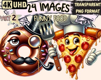 May include: A cartoon donut wearing a top hat and monocle, holding a pipe, and a cartoon pizza slice wearing a chef's hat, holding a spatula. The donut is brown with colorful sprinkles and the pizza slice is red, yellow, and orange with pepperoni.