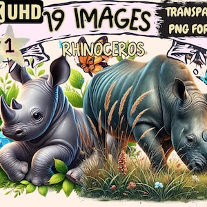 Rhinoceros Clipart - 19 PNG Majestic Rhino Graphics, Wildlife Animal Printables, Instant Digital Download, Unlimited Commercial Use Crafts
