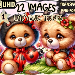 Ladybug Teddies Clipart - 22 PNG Adorable Teddy Bear Graphics, Ladybug Printables, Instant Digital Download, Unlimited Commercial Use Crafts