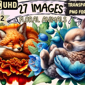 Floral Animals (P2) Clipart - 27 PNG süße Tiere schlafen auf Blumen, entzückende Druckbare, sofortiger digitaler Download, unbegrenzte kommerzielle Nutzung