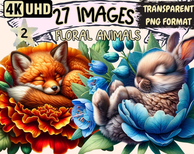 Floral Animals Clipart - 27 PNG Cute Animals Sleeping on Flowers, Adorable Printables, Instant Digital Download, Unlimited Commercial Use