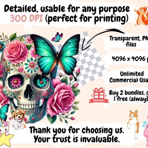 May include: A digital illustration of a sugar skull with pink and white flowers, a blue butterfly, and a pink rose. The skull is decorated with colorful floral patterns. The image is 4096 x 4096 pixels and is available as a transparent PNG file.