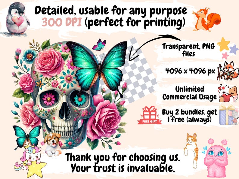 May include: A digital illustration of a sugar skull with pink and white flowers, a blue butterfly, and a pink rose. The skull is decorated with colorful floral patterns. The image is 4096 x 4096 pixels and is available as a transparent PNG file.