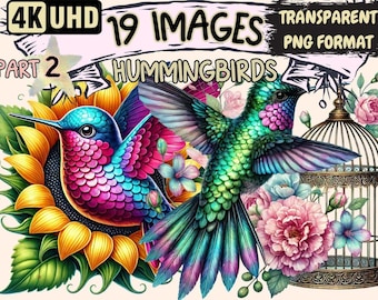 Hummingbird Clipart – 26 PNG Floral Bird Graphics, Commercial Use (Digital Download)