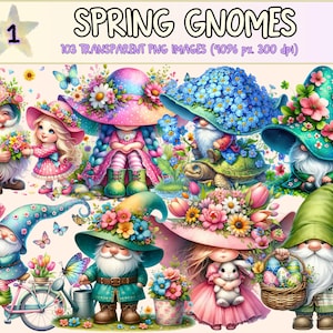Spring Gnomes Clipart - 103 PNG Springtime Wildflowers Gnome Gardener, Gnomes Printables, Instant Digital Download, Unlimited Commercial Use