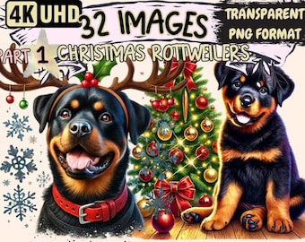 Christmas Rottweiler Clipart – 32 Festive Dog Illustrations (Digital Download)