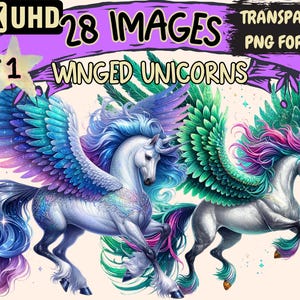Winged Unicorns Clipart - 28 PNG Magical Unicorn Graphics, Fantasy Pegasus Printables, Instant Digital Download, Unlimited Commercial Use