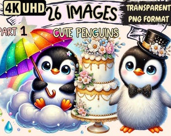 Cute Penguins Clipart - 26 PNG Adorable Penguin Illustrations, Winter-Themed Art, Instant Digital Download, Unlimited Commercial Use