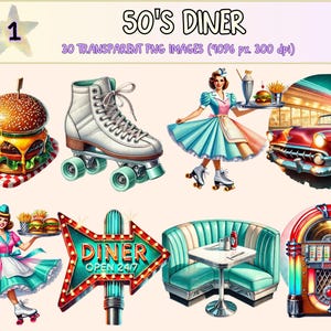 50's Diner Clipart - 30 PNG Restaurant Graphics, Vintage Retro Illustrations, Nostalgic Printables, Instant Digital Download, Commercial Use