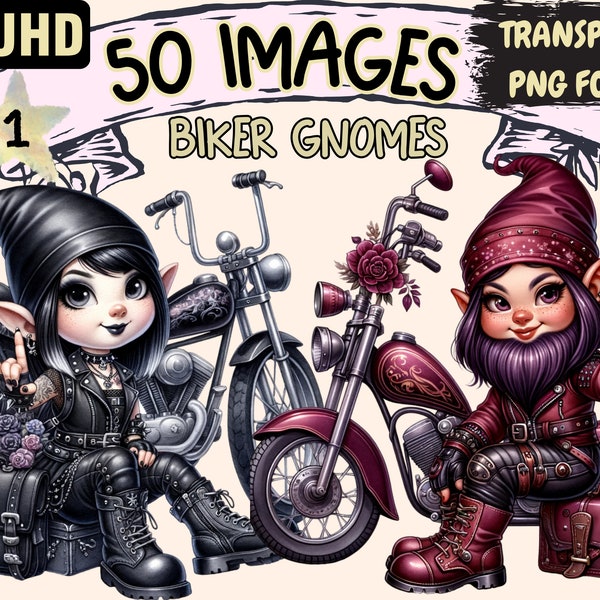 Biker Girl Gnome Clipart - 50 PNG Motorcycle American Gnome Biker, Gnomes Printables, Instant Digital Download, Unlimited Commercial Use