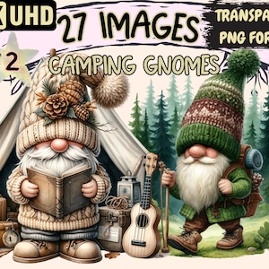 Camping Gnomes (P2) Clipart - 27 PNG Whimsical Gnome Graphics, Outdoor Printables, Instant Digital Download, Unlimited Commercial Use Crafts
