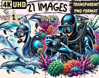 Divers Clipart – Underwater PNG Graphics, Scuba Diving Printables (Digital Download)