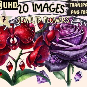 Jeweled Flowers (P7) Clipart - 20 PNG Elegant Gem Floral Illustrations, Decorative Art, Instant Digital Download, Unlimited Commercial Use