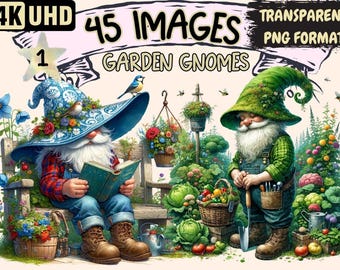 Garden Gnomes Clipart Bundle – 45 PNGs, Springtime Gardener (Digital Download)